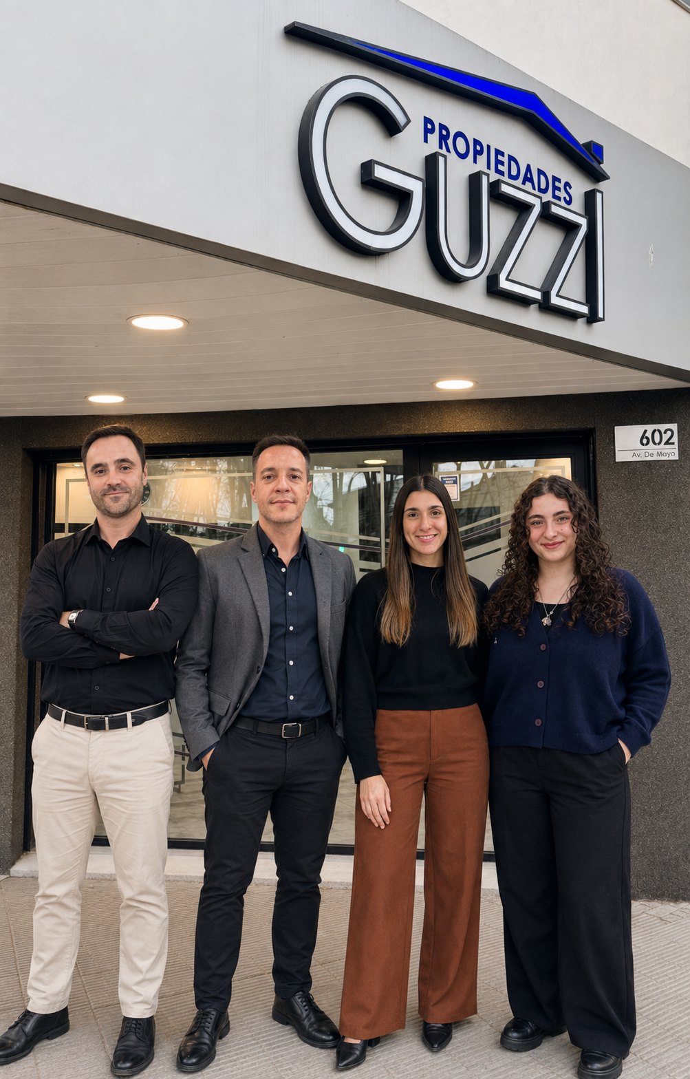 El equipo de Guzzi Propiedades en la puerta de la oficina de Av. de Mayo 602